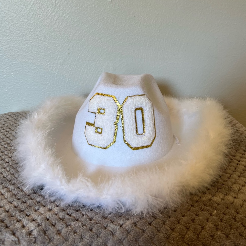30th Birthday Varsity Number Feather Trim White Cowgirl Hat